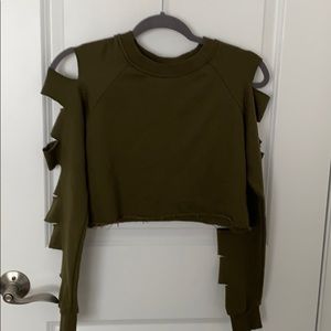 army green crop ripped sleeved sweatshirt